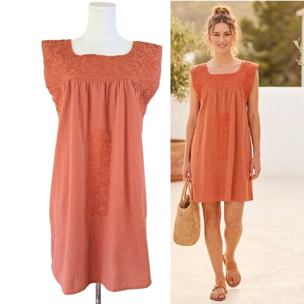 J.Marie Story Embroidered Shift Tunic Dress Medium Burnt Orange Sleeveless Boho
